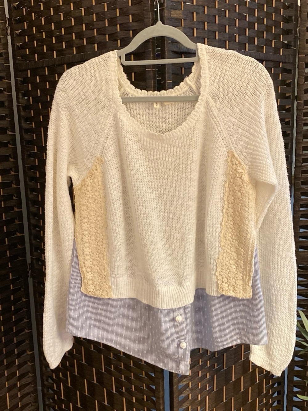 Anthropologie Moth Cream Open-Knit Pullover with Crochet Detail
